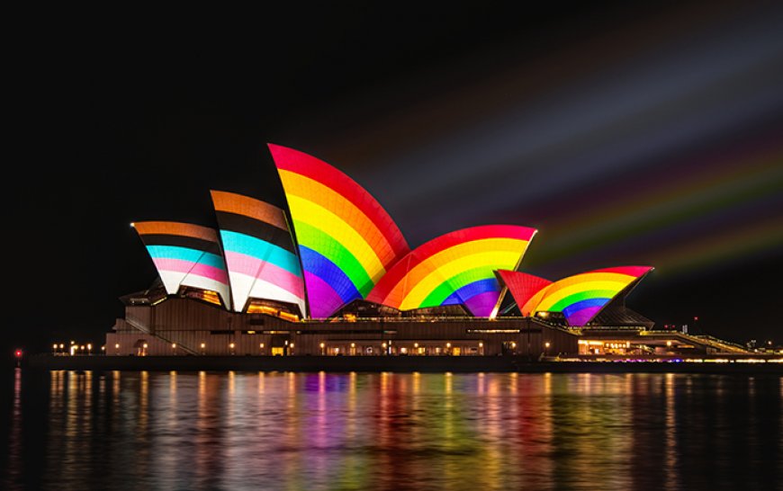 Sydney Opera House lit up in Pride Progress Flag colours for WorldPride