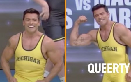 Mark Consuelos strips down to a wrestling singlet to get pummeled by a college jock