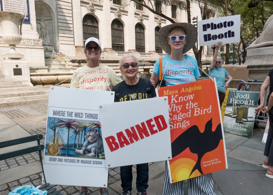 Activists protest book bans in front of New York Public Library